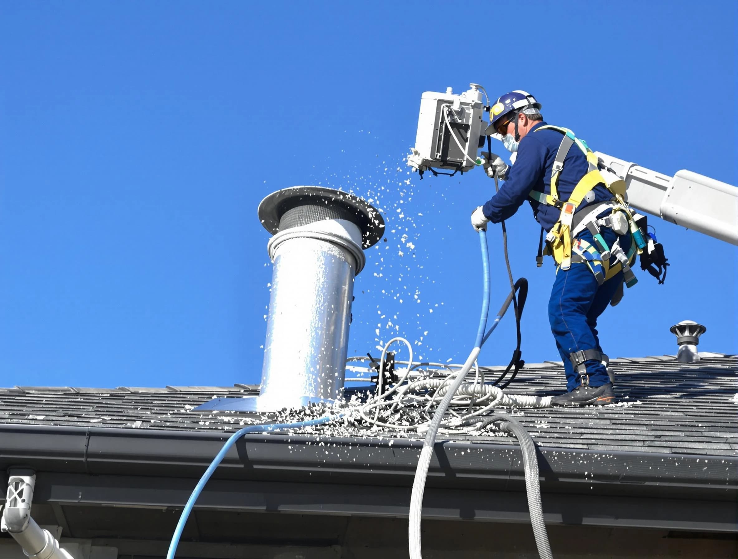 Harrah Dryer Vent Cleaning certified technician safely cleaning a roof-mounted dryer vent in Harrah