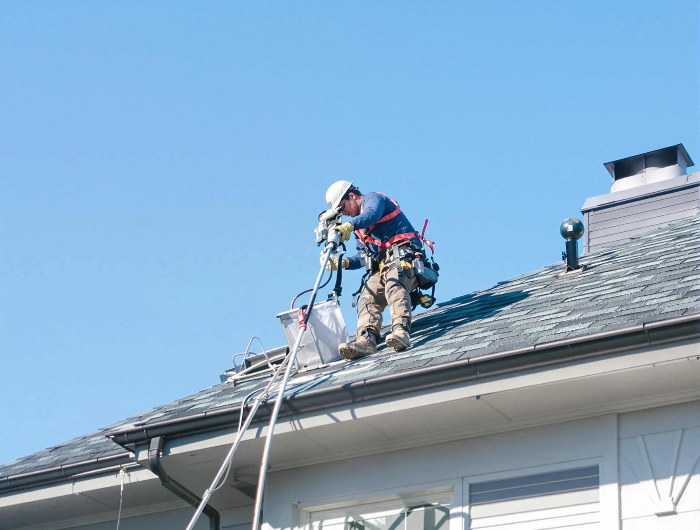 Harrah Dryer Vent Cleaning certified technician cleaning a roof-mounted dryer vent system in Harrah