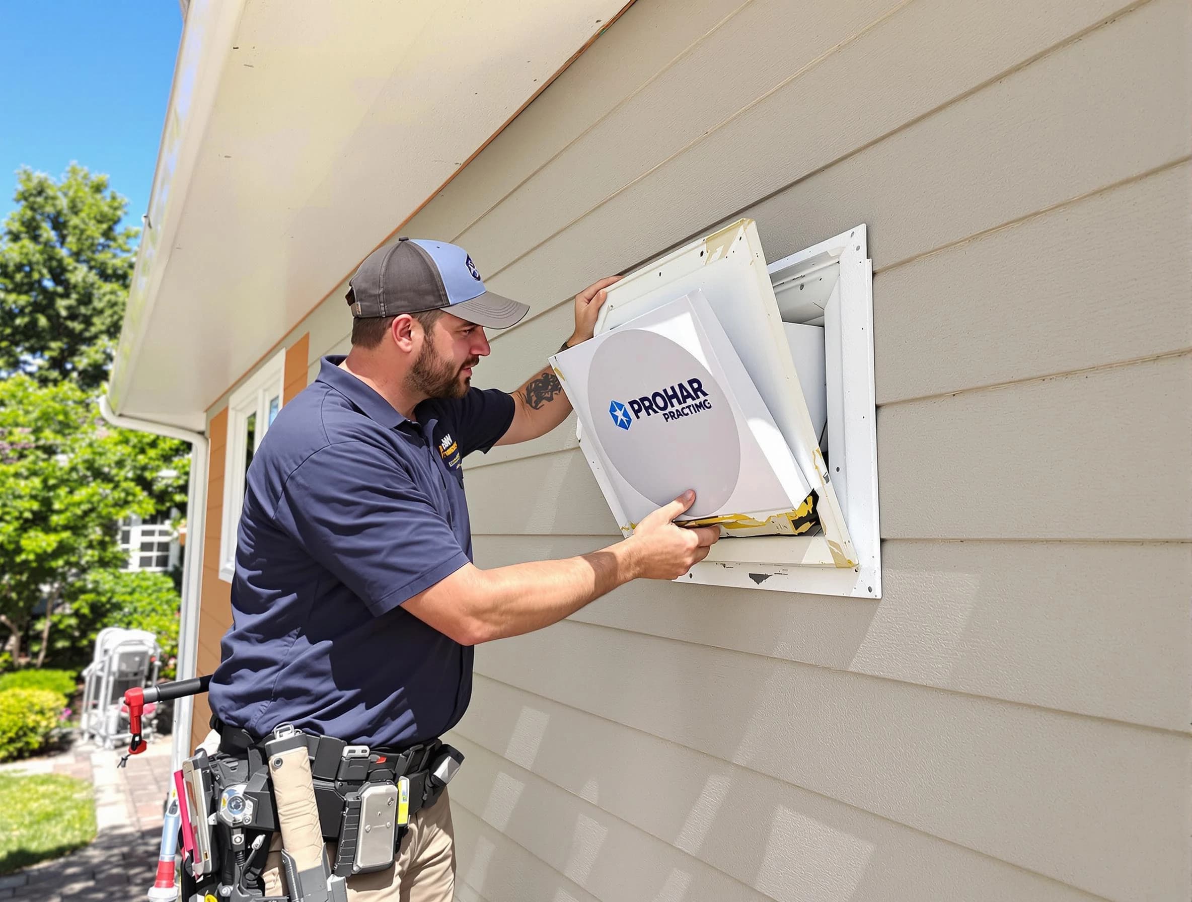 Harrah Dryer Vent Cleaning technician installing a new protective dryer vent cover on a home in Harrah