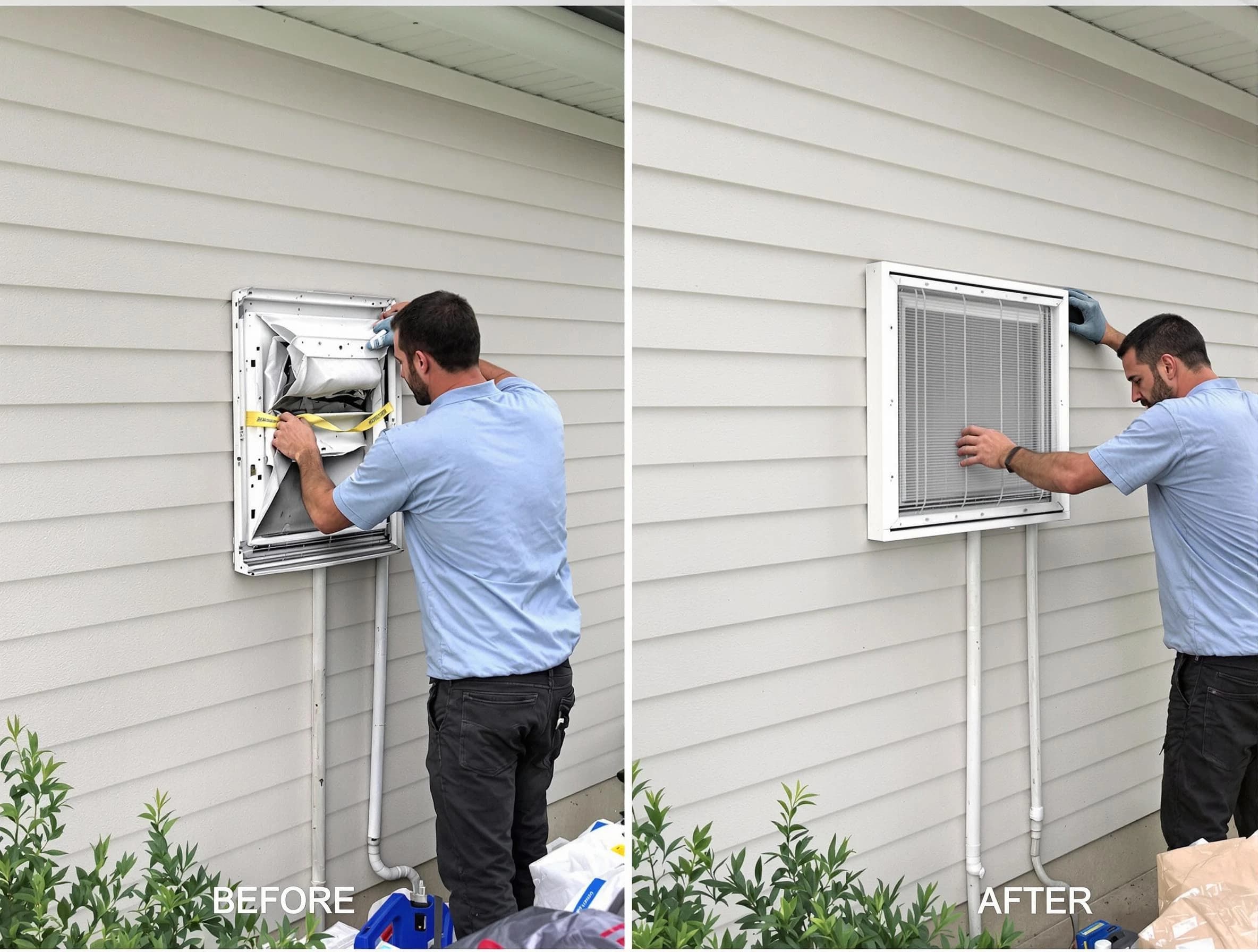 Harrah Dryer Vent Cleaning technician installing high-quality dryer vent cover at a residential property in Harrah