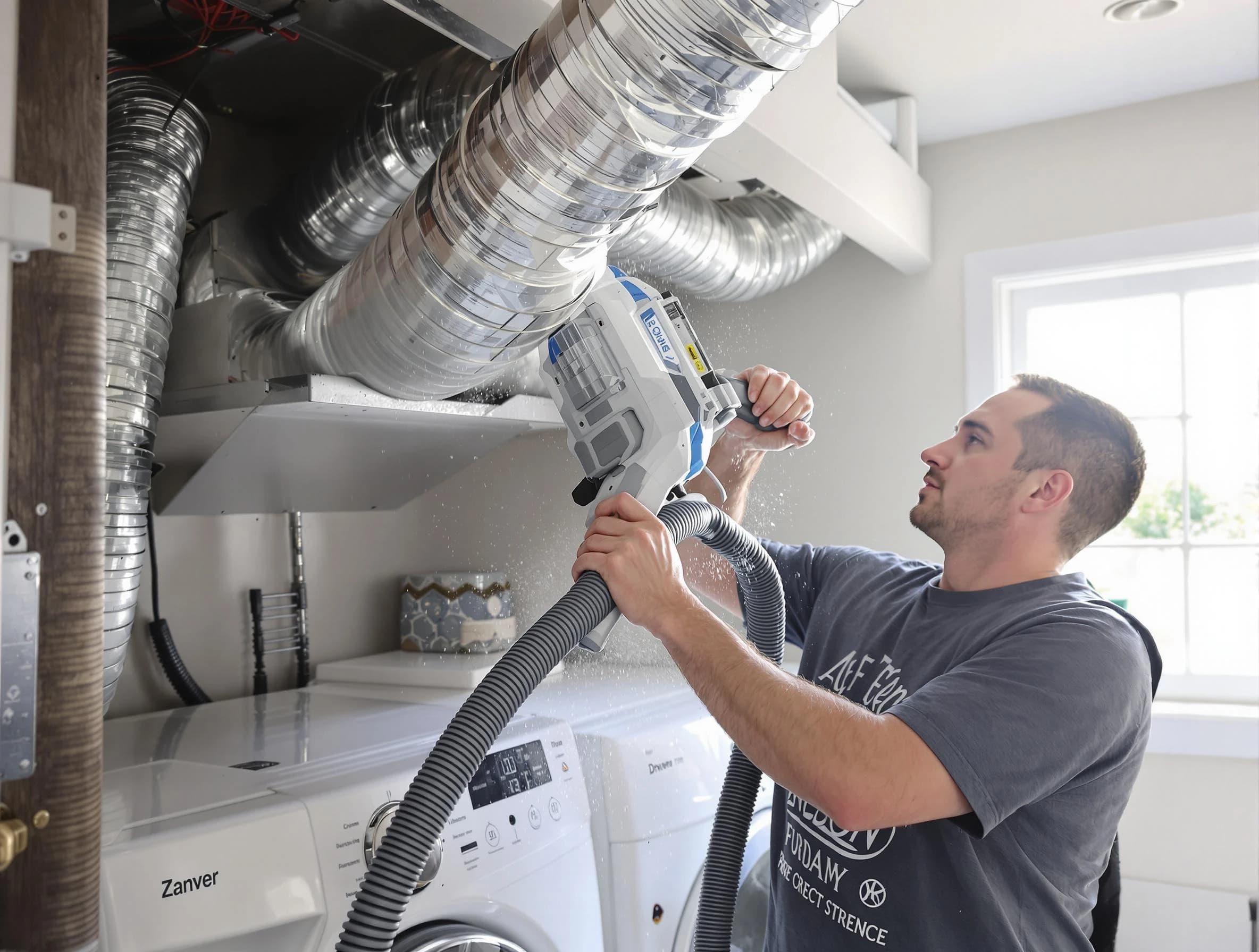 Harrah Dryer Vent Cleaning specialist cleaning deep within a dryer vent duct system in Harrah