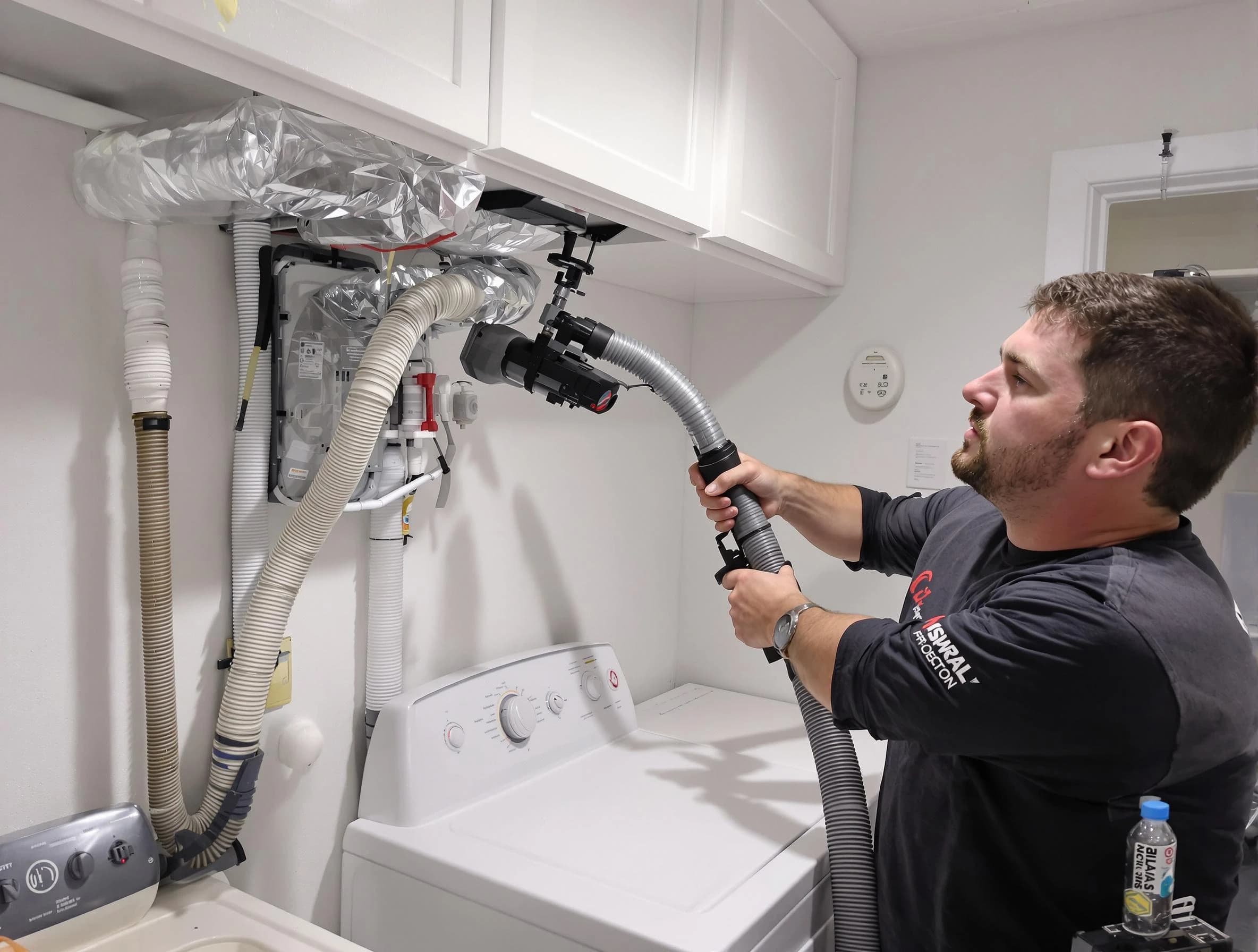 Harrah Dryer Vent Cleaning certified technician performing safety-focused gas dryer vent cleaning in Harrah